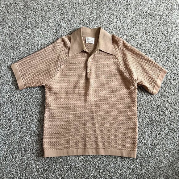 Vintage Donegal Coleseta Mens L Tan Short-Sleeve Retro Polo Shirt Textured Knit - Picture 2 of 7